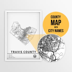 Carte imprimable du comté de Travis, au Texas, avec les noms des villes et des routes - téléchargement immédiat \ impression de carte \ planificateur de voyage \ carte punaise \ carte d'Austin