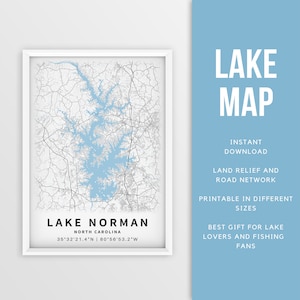 Mapa imprimible del lago Norman, Carolina del Norte, EE. UU. - Descarga instantánea \ Mapa del lago \ Cartel del mapa \ Decoración de la casa del lago \ LakeLife \ Pesca \ Paseos en bote