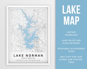 Printable Map of Lake Norman, North Carolina, US - Instant Download \ Lake Map \ Map Poster \ Lakehouse Decor \ LakeLife \ Fishing \ Boating