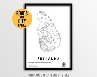 Póster de Sri Lanka, mapa imprimible con chinchetas y nombres de ciudades (descarga instantánea)