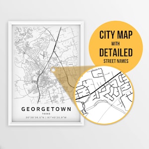 Mapa imprimible de Georgetown, Texas, EE. UU. con nombres de calles - Descarga instantánea \ Mapa de la ciudad \ Regalo de viaje \ Cartel de la ciudad \ Impresión de mapa de carreteras