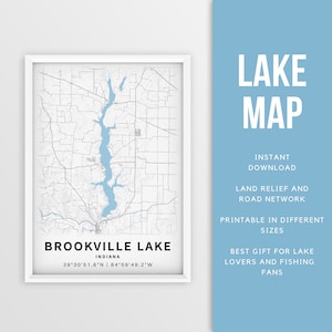 Mapa imprimible de Brookville Lake, Indiana EE. UU. - Descarga instantánea \ Mapa del lago \ Arte de la pared \ Pesca \ Decoración de la casa del lago \ LakeLife \ Boating