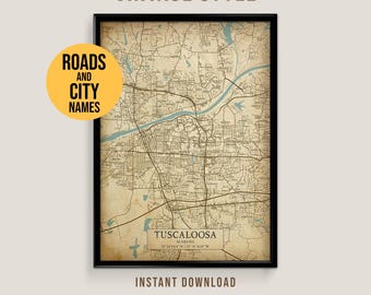 Tuscaloosa, Alabama Vintage Style Karte, Tuscaloosa Stadt Poster zum ausdrucken (Instant Download)