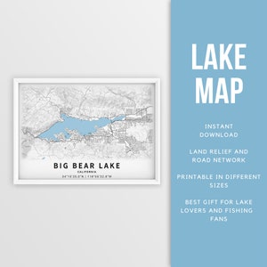 Mapa imprimible de Big Bear Lake, California - Descarga instantánea \ Mapa del lago \ Arte de la pared \ Cartel de pesca \ Decoración de la casa del lago \ LakeLife \ Paseos en bote