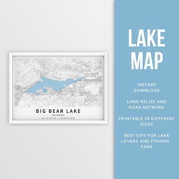 Printable Map of Big Bear Lake, California - Instant Download \ Lake Map \ Wall Art \ Fishing Poster \ Lake House Decor \ LakeLife \ Boating