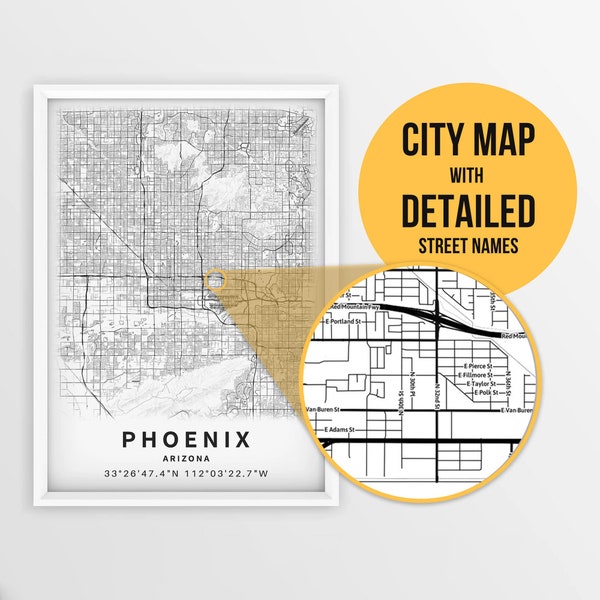 Printable Map of Phoenix, Arizona, USA with Street Names - Instant Download \ City Map \ Travel Gift \ City Poster \ Road Map Print