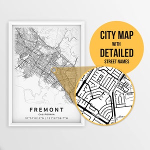 Druckbare Karte von Fremont, Kalifornien, USA mit Straßennamen - Sofort Download \ City Map \ Travel Gift \ City Poster \ Road Map Print