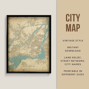 Carte imprimable de style vintage de Montréal, Québec, Canada - téléchargement immédiat \ plan des rues \ affiche de carte \ antiquité \ impression de carte \ cadeau de voyage