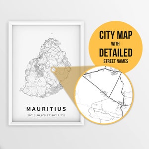 Carte imprimable de Maurice, Port Louis avec noms de rues - Téléchargement instantané \ Carte de la ville \ Cadeau de voyage \ Affiche de la ville \ Impression de carte routière