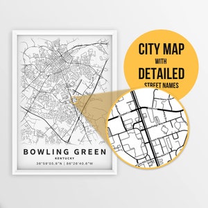 Druckbare Karte von Bowling Green, Kentucky, USA mit Straßennamen - Sofortiger Download ~ Karte ~ ~ Karte ~ Stadtplan ~ Strassenkarte