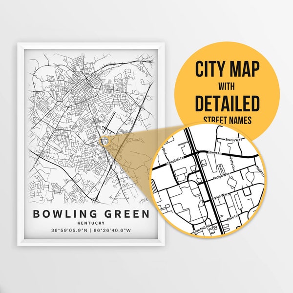 Printable Map of Bowling Green, Kentucky, USA with Street Names - Instant Download \ City Map \ Travel Gift \ City Poster \ Road Map Print