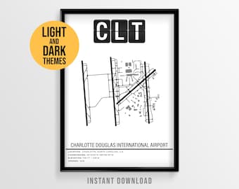 Charlotte Douglas Airport Poster, CLT Airport Runway Map, North Carolina Air Art (Instant Download)