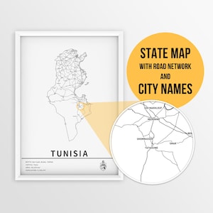 Tunesien Landkarte mit Städtenamen und Straßen - sofortdownload Landkarte Landkarten Kunst China Landkarte Ihr Land