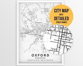 Plattegrond van Oxford, Mississippi met straatnamen, printbare poster van de stad Oxford (direct te downloaden)