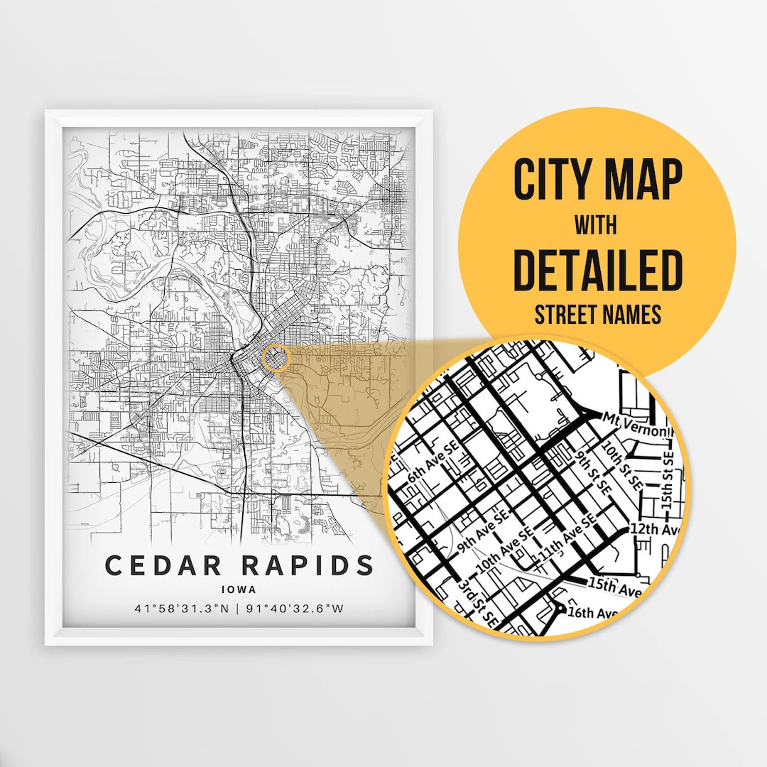 Printable Map of Cedar Rapids, Iowa, USA With Street Names Instant