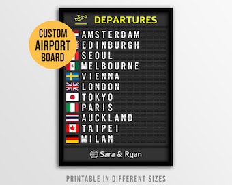 Custom Airport Departures Board with Country Flags, Personalized Flight Tracker Poster (Digital Download)