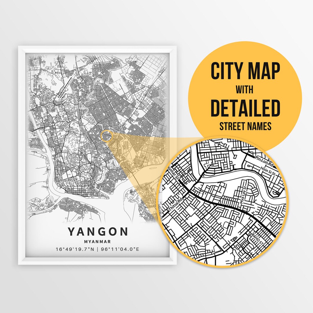 Printable Map of Yangon, Myanmar With Street Names Instant Download