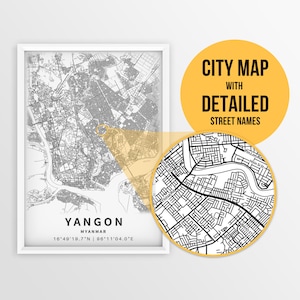 Druckbare Karte von Yangon, Myanmar mit Straßennamen - Sofort Download \ City Map \ Travel Gift \ City Poster \ Road Map Print