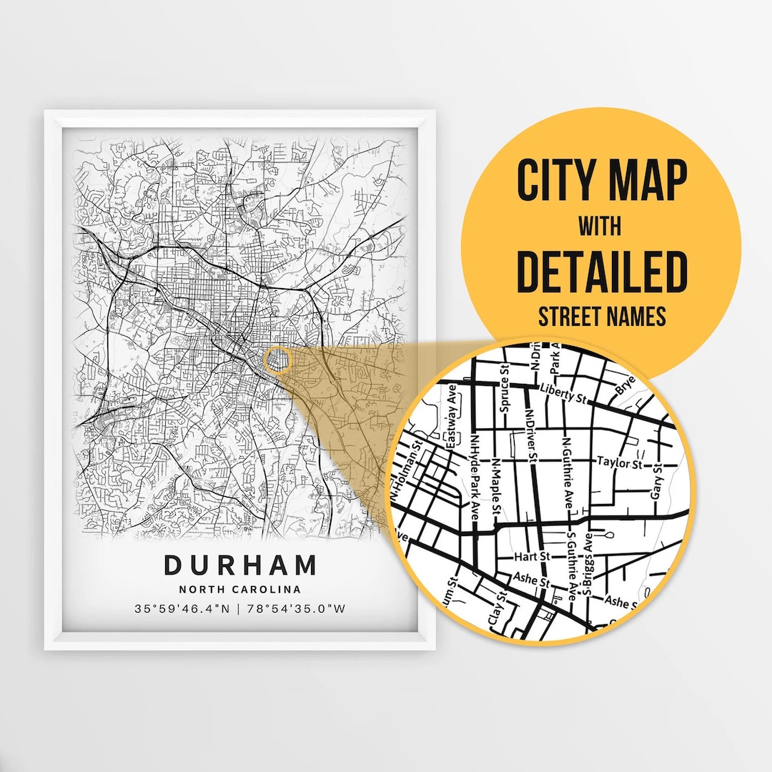 Printable Map of Durham, North Carolina, USA With Street Names