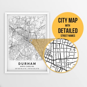 Mapa para impressão de Durham, Carolina do Norte, EUA com nomes de ruas - Download instantâneo \ Mapa da cidade \ Presente de viagem \ Cartaz da cidade \ Impressão de mapa de estradas