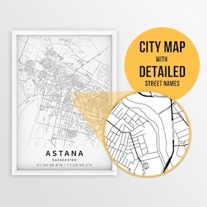 Druckbare Karte von Astana, Kasachstan mit Straßennamen - Instant Download ~ Karte ~ ~ Stadt Poster ~ ~ Straßenkarte Print