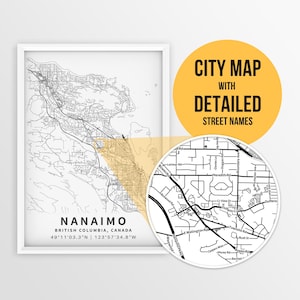 Mapa imprimible de Nanaimo, Columbia Británica, Canadá, con nombres de calles - Descarga instantánea \ Mapa de la ciudad \ Regalo de viaje \ Póster de la ciudad \ Mapa de carreteras