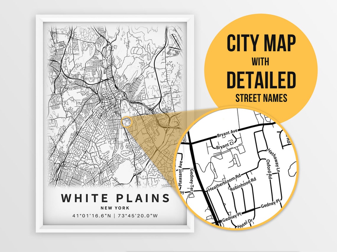 Printable Map of White Plains NY United States with street Etsy