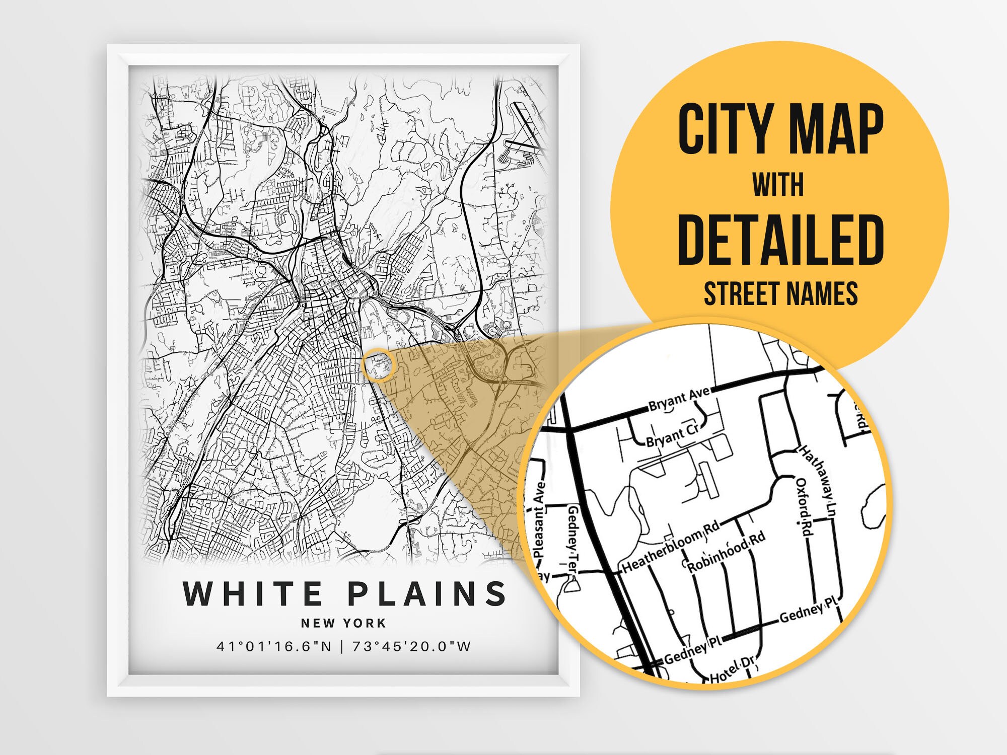 Printable Map of White Plains NY United States with street | Etsy