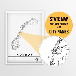 Mapa da Noruega para impressão com nomes de cidades e estradas - Download instantâneo \ Mapa do país \ Arte do mapa \ Mapa de alfinetes \ Planejador de viagens \ Presente da Noruega