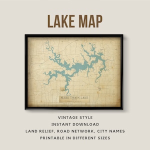 Druckbare Vintage Stil Karte von Mark Twain Lake, Missouri, USA mit Stadtnamen - Sofort Download \ See Karte \ Wandkunst \ Rustikale Karte
