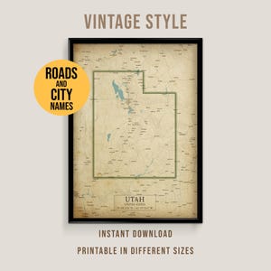 May include: A framed vintage-style map of Utah, United States, with roads and city names. The map is in sepia tones, with a green outline of the state. Text on the image includes "Vintage Style", "Roads and City Names", "Utah", and "Instant Download".