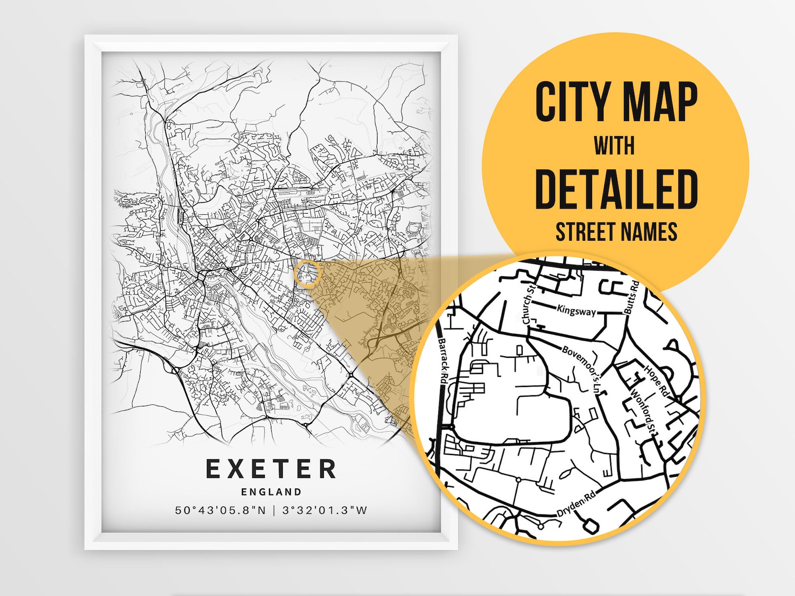 Printable Map of Exeter England United Kingdom with Street Etsy