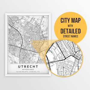 Afdrukbare kaart van Utrecht, Nederland met straatnamen - Instant Download \ Stadsplattegrond \ Reiscadeau \ Stadsposter \ Routekaart afdrukken