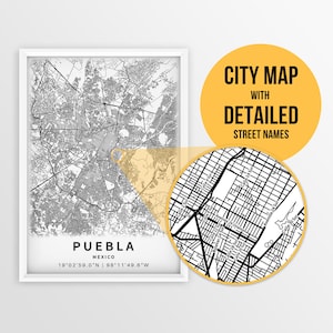 Mapa imprimible de Puebla, México con nombres de calles - Descarga instantánea \ Mapa de la ciudad \ Arte de la pared \ Cartel de México \ Carretera de México \ Impresión de mapas