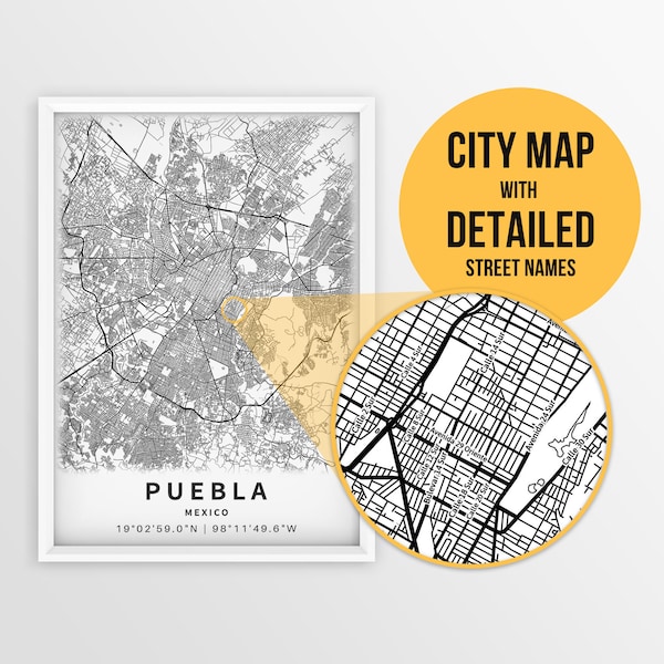 Druckbare Karte von Puebla, Mexiko mit Strassennamen - Instant Download \ City Map ""Wand Kunst"" Mexiko Poster ""Mexiko Strasse""."