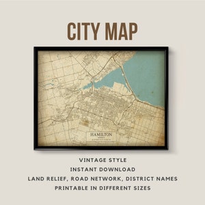 Carte de style vintage imprimable de Hamilton, Ontario, Canada - téléchargement immédiat \ plan des rues \ affiche de carte \ style antique \ impression de carte