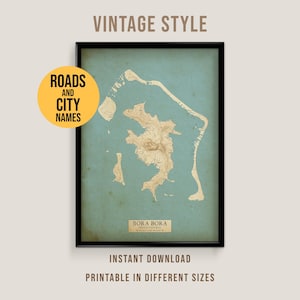 Bora Bora, Französisch-Polynesien Vintage Stil Karte, Pazifik Poster (Instant Download)