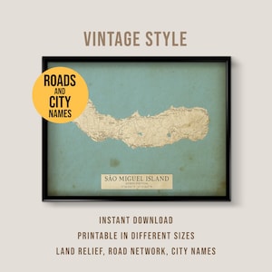Carte de Style vintage de l'île de São Miguel, Portugal, affiche imprimable de la ville des Açores Portugal (téléchargement instantané)