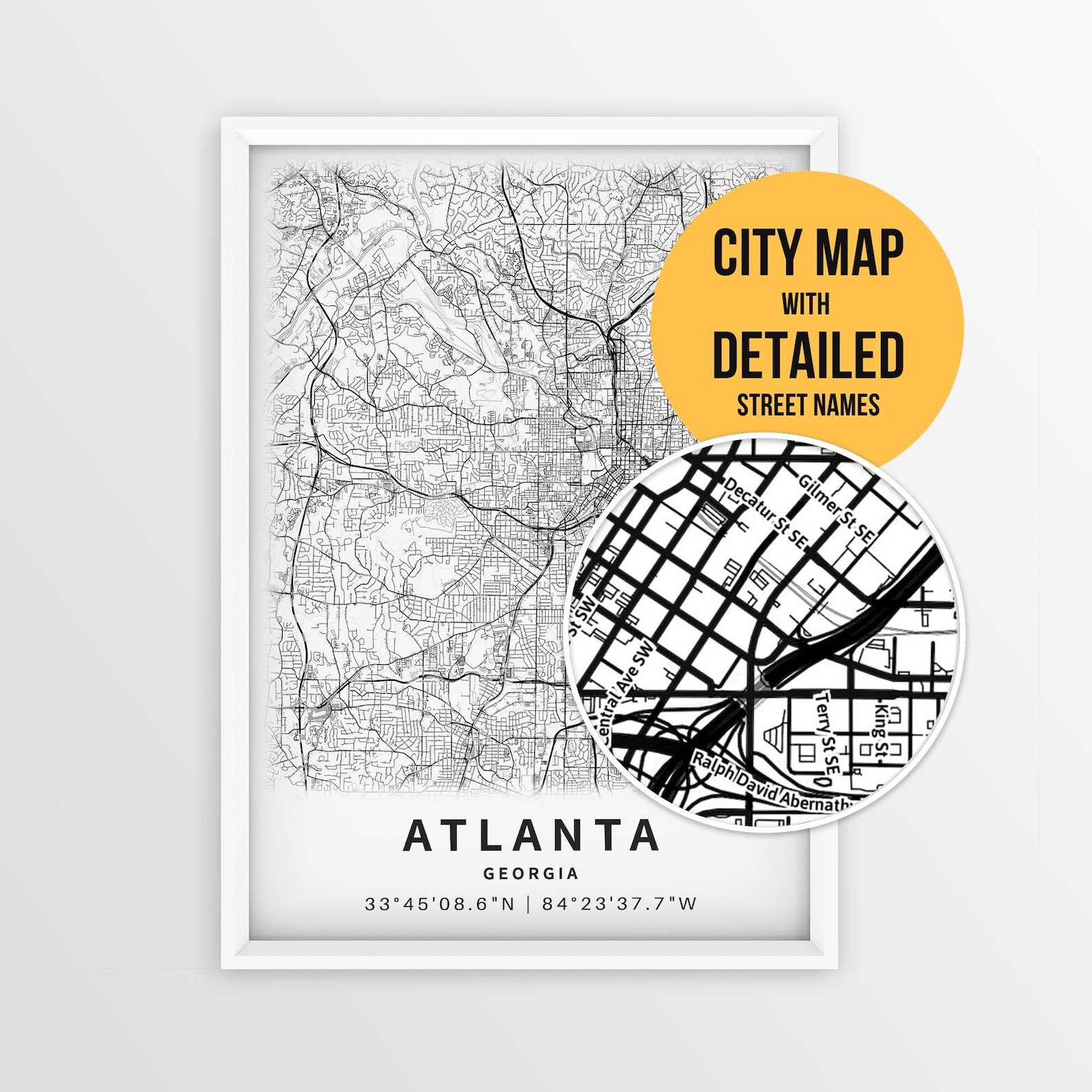 Atlanta Georgia Map With Street Names, Printable Atlanta City Poster ...