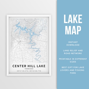 Mappa stampabile Center Hill Lake, Tennessee, Stati Uniti - Download istantaneo \ Mappa del lago \ Wall Art \ Mappa Poster \ Lake House Decor \ LakeLife \ Boating