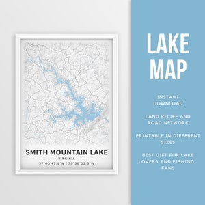 Mapa imprimible de Smith Mountain Lakel, Río Roanoke, Virginia, EE. UU. - Descarga instantánea \ Mapa del lago \ Cartel del mapa \ Decoración de la casa del lago \ Paseos en bote