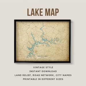 Vintage Stil Landkarte von Nolin Lake, Kentucky, USA mit Städtenamen - Sofortdownload \ See Karte ~ Wand Kunst ~ Poster See ~ Karte zum Ausdrucken