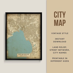 Printable Vintage Style Map of Melbourne, Victoria, Australia - Instant Download \ Street Map \ Wall Art \ Map Poster \ Antique \ Map Print