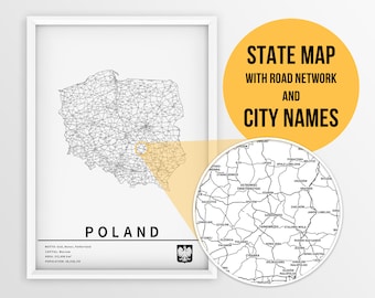 Printable Map of Poland with city names and roads - Instant Download \ Country Map \ Wall Art \ Push Pin Map \ Travel Planner \ Map Poster