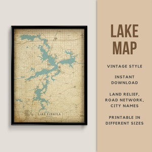 Vintage Stil Landkarte von Lake Eufaula, Oklahoma mit Städtenamen - zum sofortigen Download ~ Landkarte des Sees ~ Kunst an der Wand ~ Poster ~ Landkarte