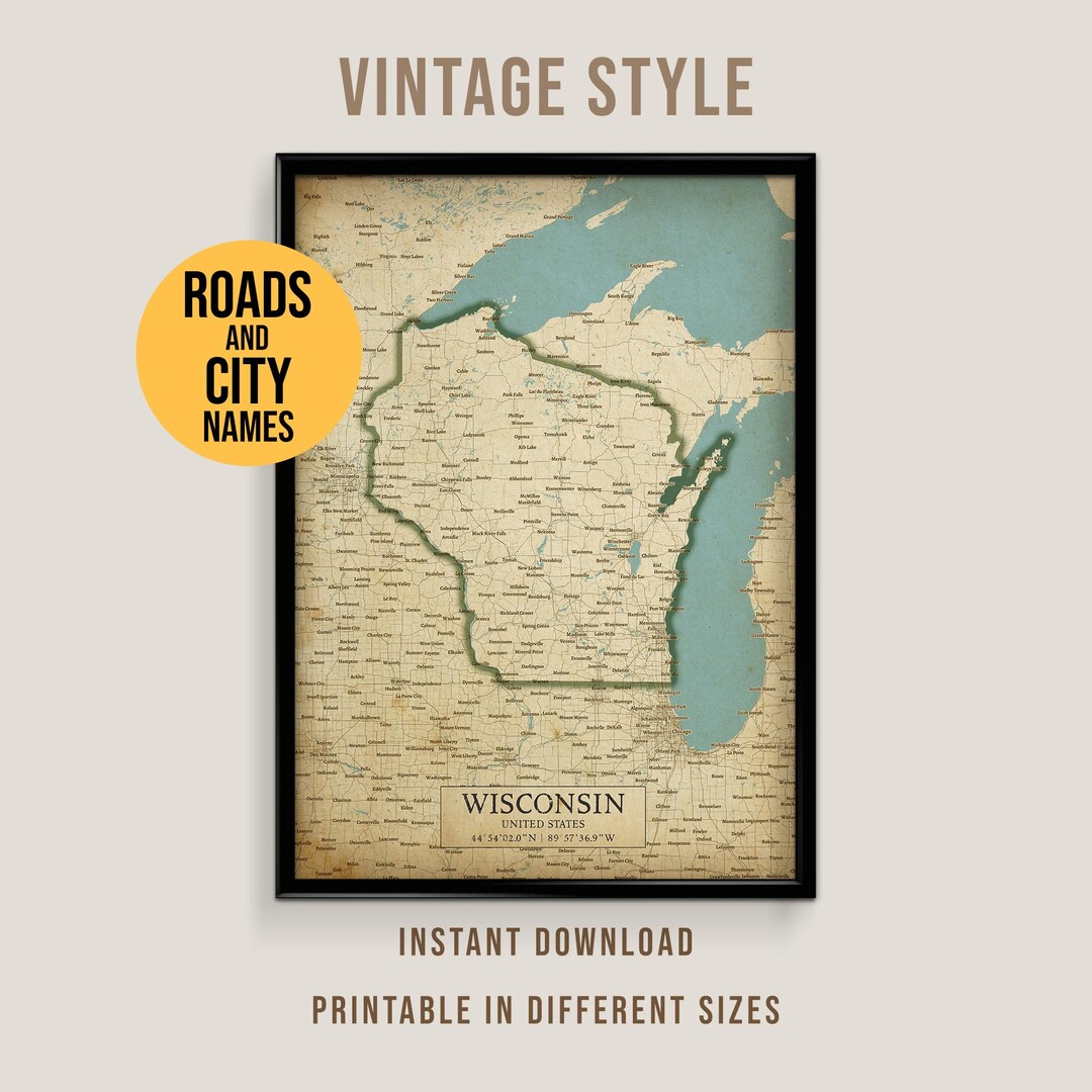 Wisconsin Vintage Style Map Poster, Printable USA Road Map With City ...
