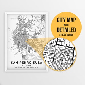 Druckbare Karte von San Petro Sula, Honduras mit Straßennamen - Sofortiger Download ~ Karte ~ ~ Stadt Karte ~ ~ Straßenkarte Print