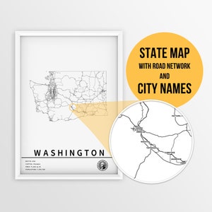 Carte imprimable de Washington avec les noms des villes et des routes - téléchargement immédiat \ carte de l'état \ art de la carte \ planificateur de voyage \ punaises \ affiche de carte