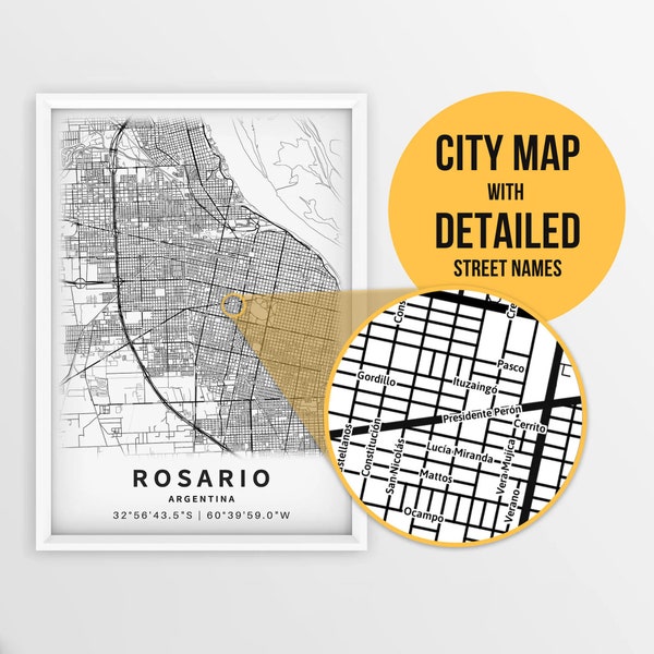 Printable Map of Rosario, Santa Fe, Argentina with Street Names - Instant Download \ City Map \ Travel Gift \ City Poster \ Road Map Print