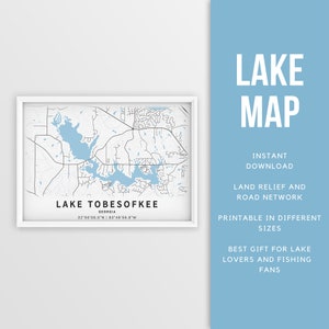 Mapa imprimible del lago Tobesofkee, Georgia, EE. UU. - Descarga instantánea \ Mapa del lago \ Cartel del mapa \ Decoración de la casa del lago \ LakeLife \ Pesca \ Paseos en bote